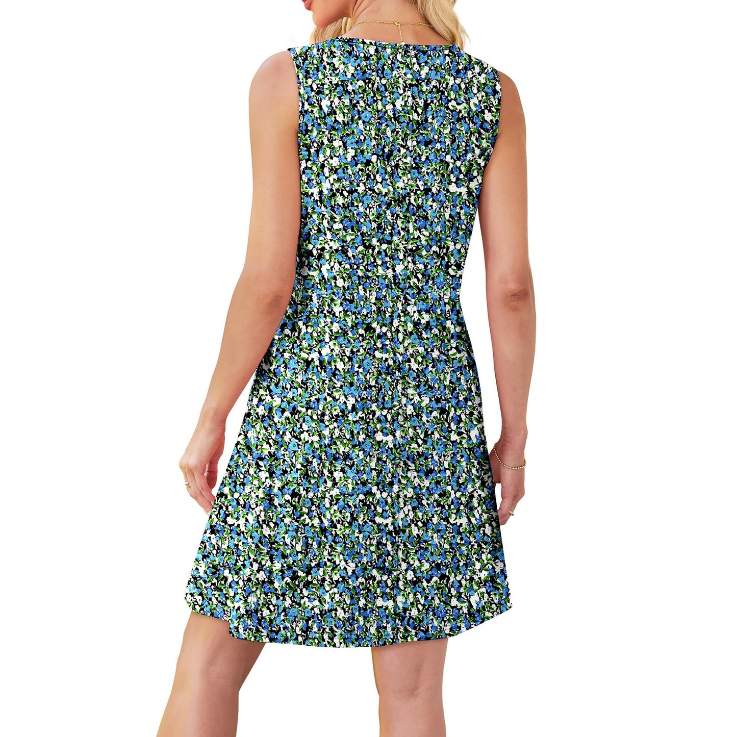 Blue Floral Sleeveless Sundress For Women Summer Dress with Pockets