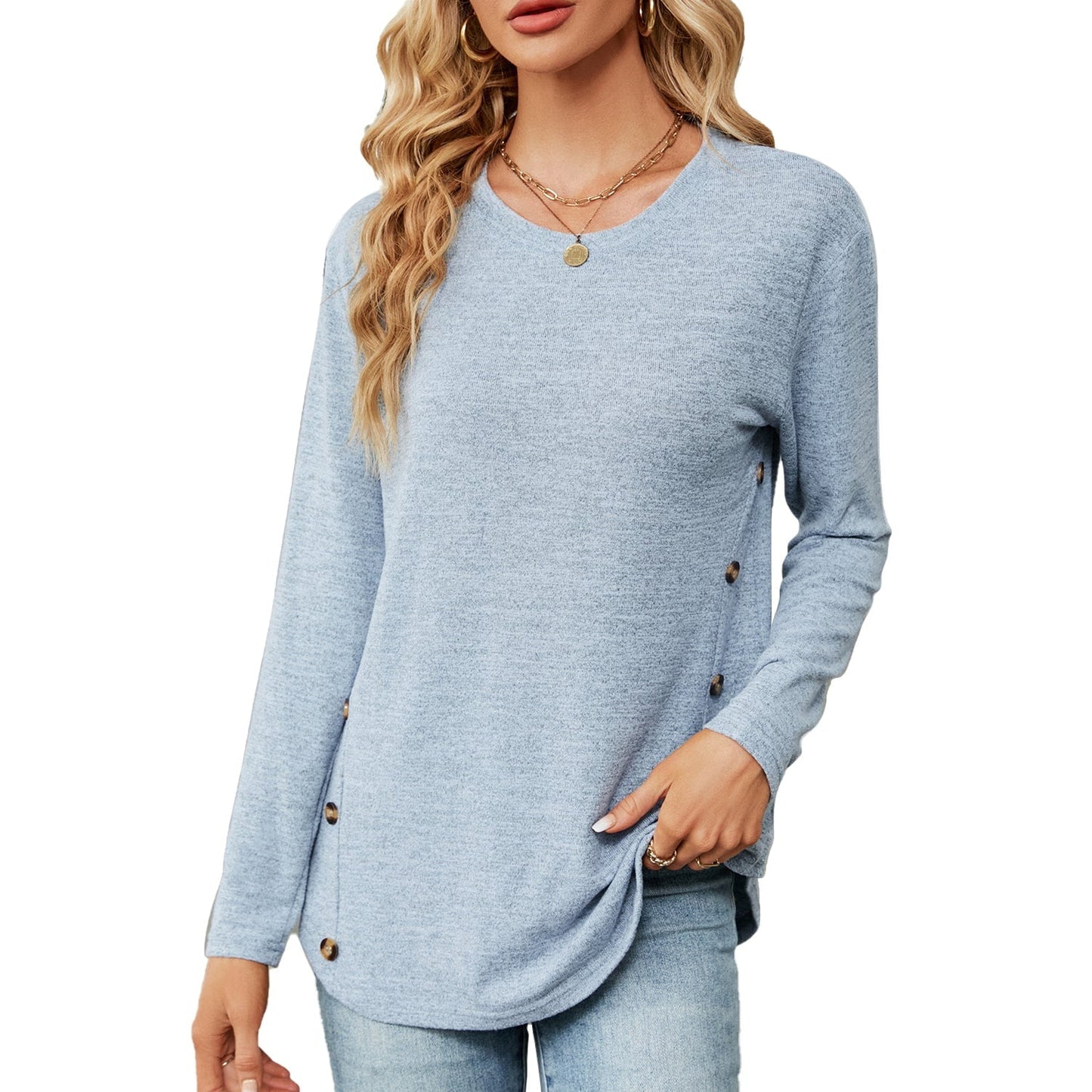 Light Blue Crewneck Long Sleeve Sweatshirts for Women